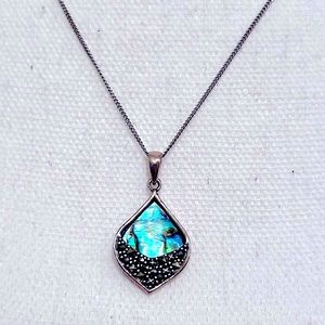 Sterling Silver Marcasite & Abalone Marquise Pendant Necklace